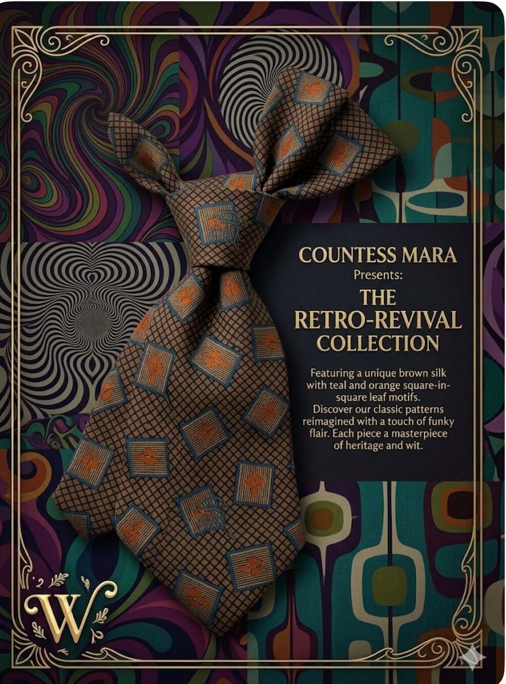 Countess Mara Retro-Revival Brown Silk Tie with Teal and Orange Leaf Motif